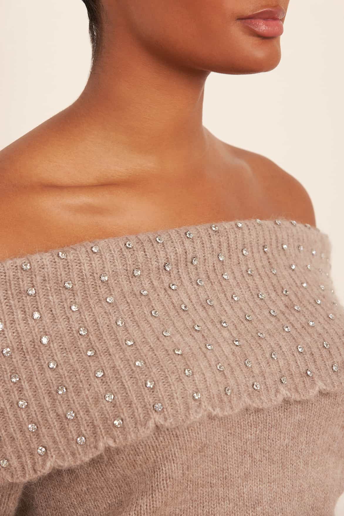 Needle & Thread Embellished Bardot sweter Beige z alpaką