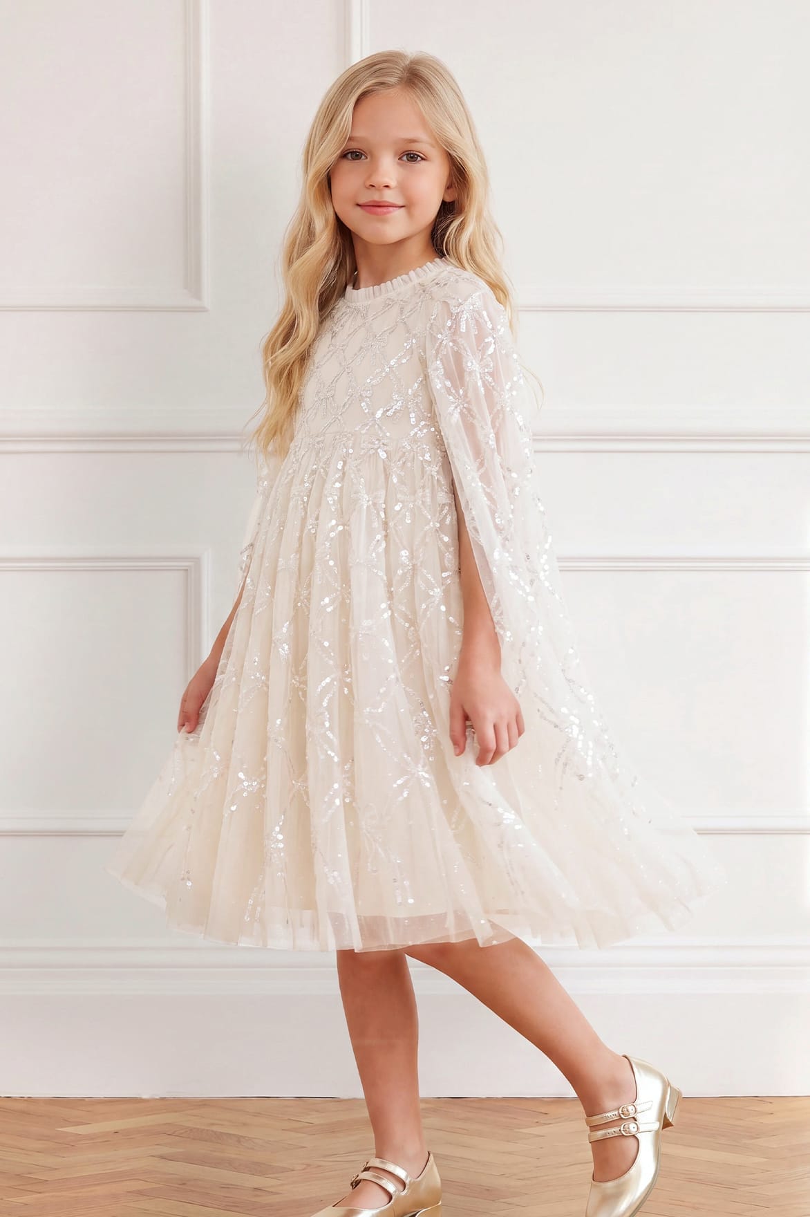 Needle & Thread Bow Lattice Cape Kids Dress sukienka kremowa