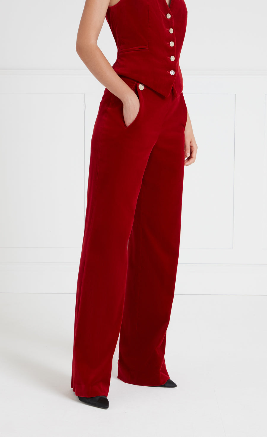 Temperley London Clove spodnie welurowe Scarlet wysoki stan