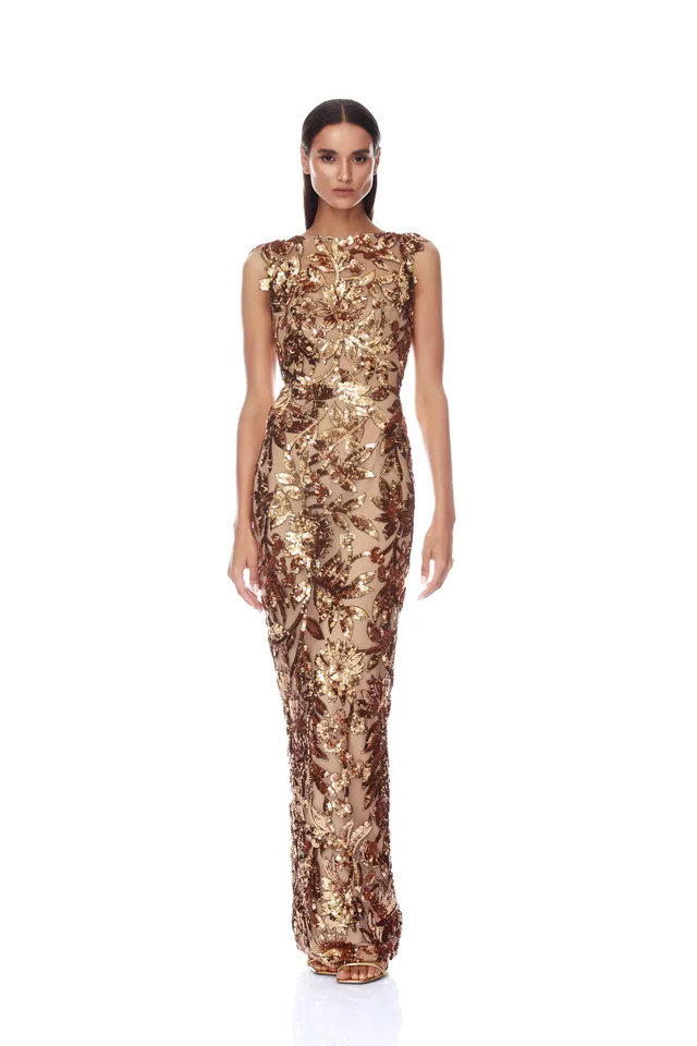 Bronx and Banco High Neck sukienka maxi złota cekinowa