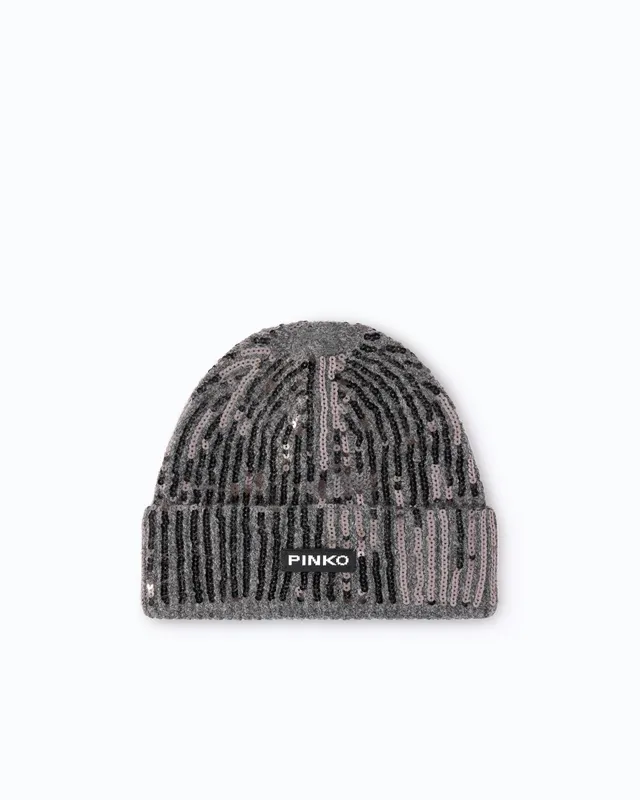 Pinko Bembusa Beanie czapka szara z cekinami