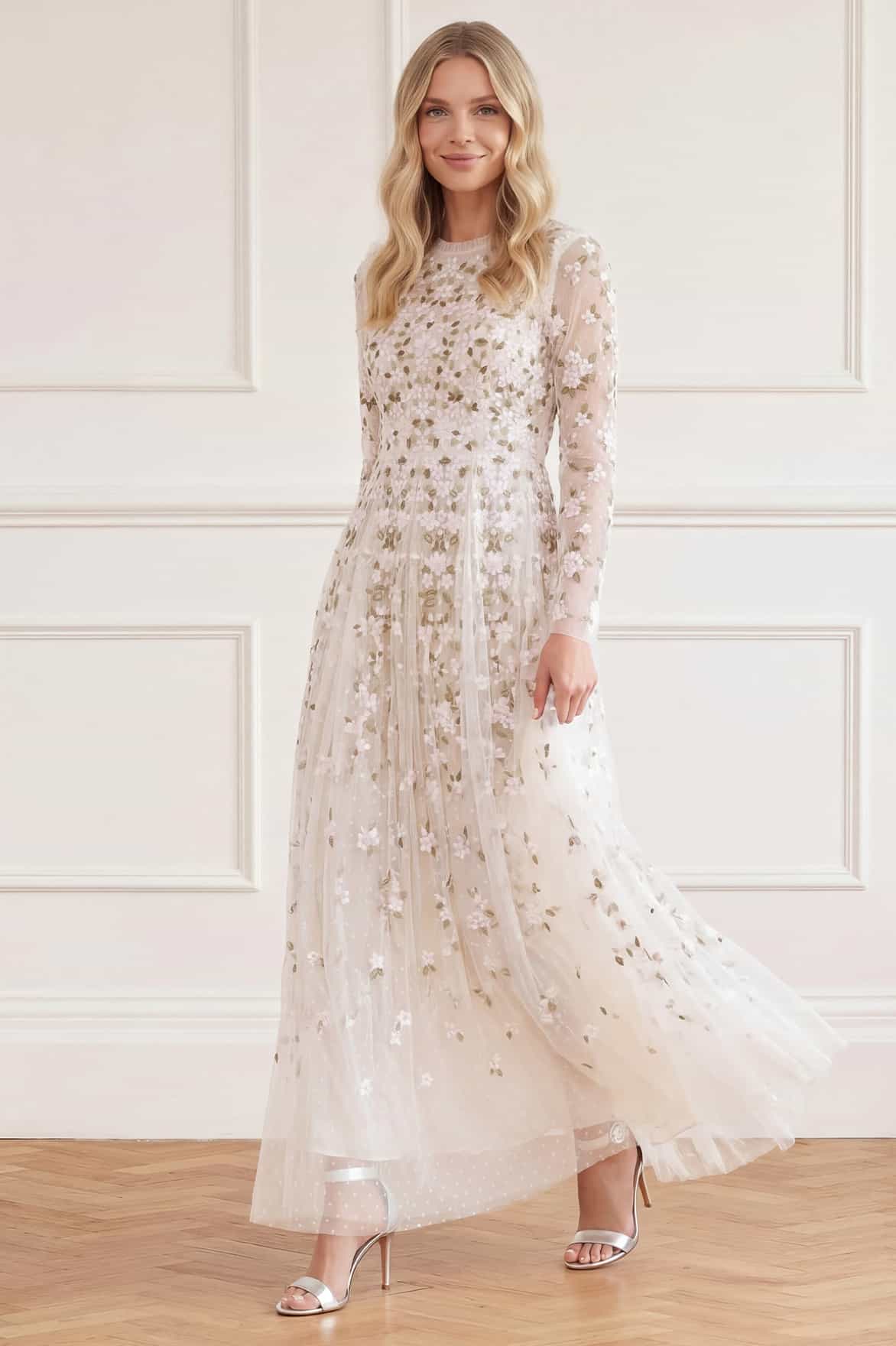 Needle & Thread Camellia Ditsy Ankle Gown sukienka cream haftowana
