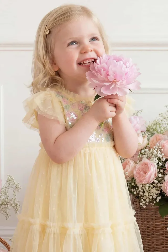 Needle & Thread Confetti Bodice Baby Dress sukienka żółta cekinowa