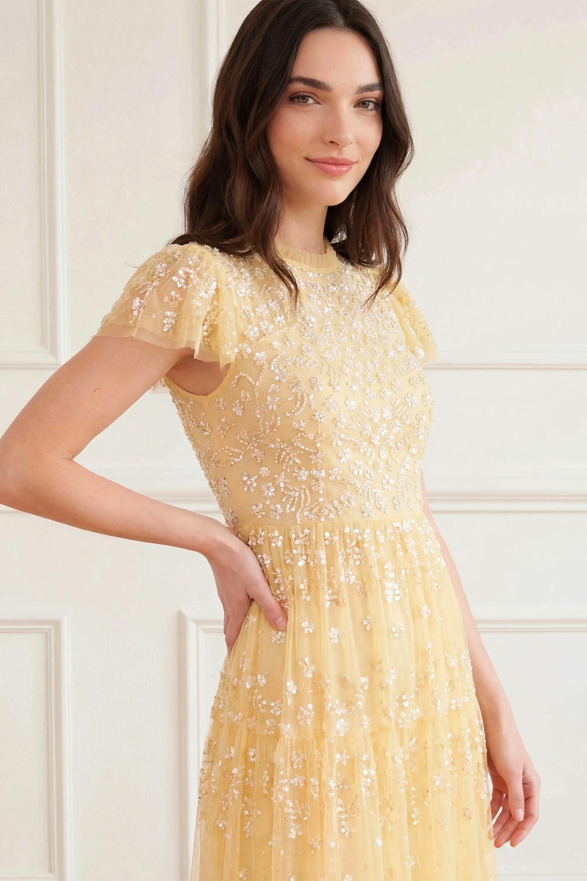 Needle & Thread Clover Short Sleeve Ankle Gown sukienka żółta cekinowa