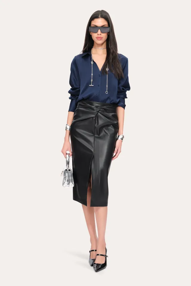 Elie Tahari Vegan Leather Twist spódnica midi czarna