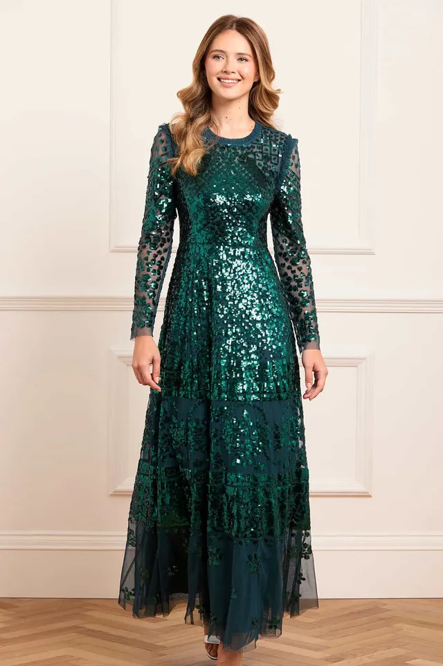 Needle & Thread Aurora Gown sukienka zielona cekiny