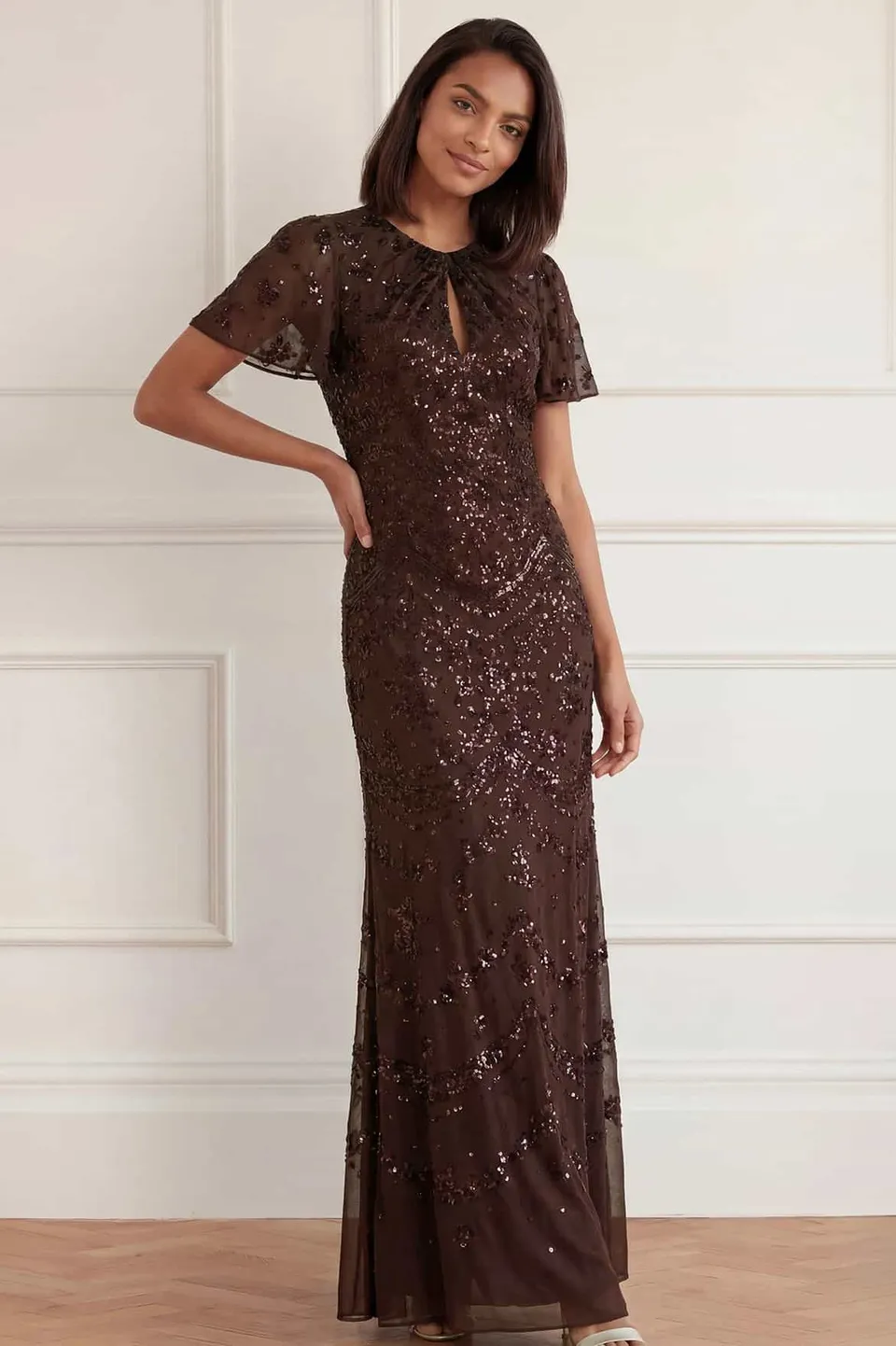 Needle & Thread Freya Georgette Short Sleeve Gown suknia brązowa