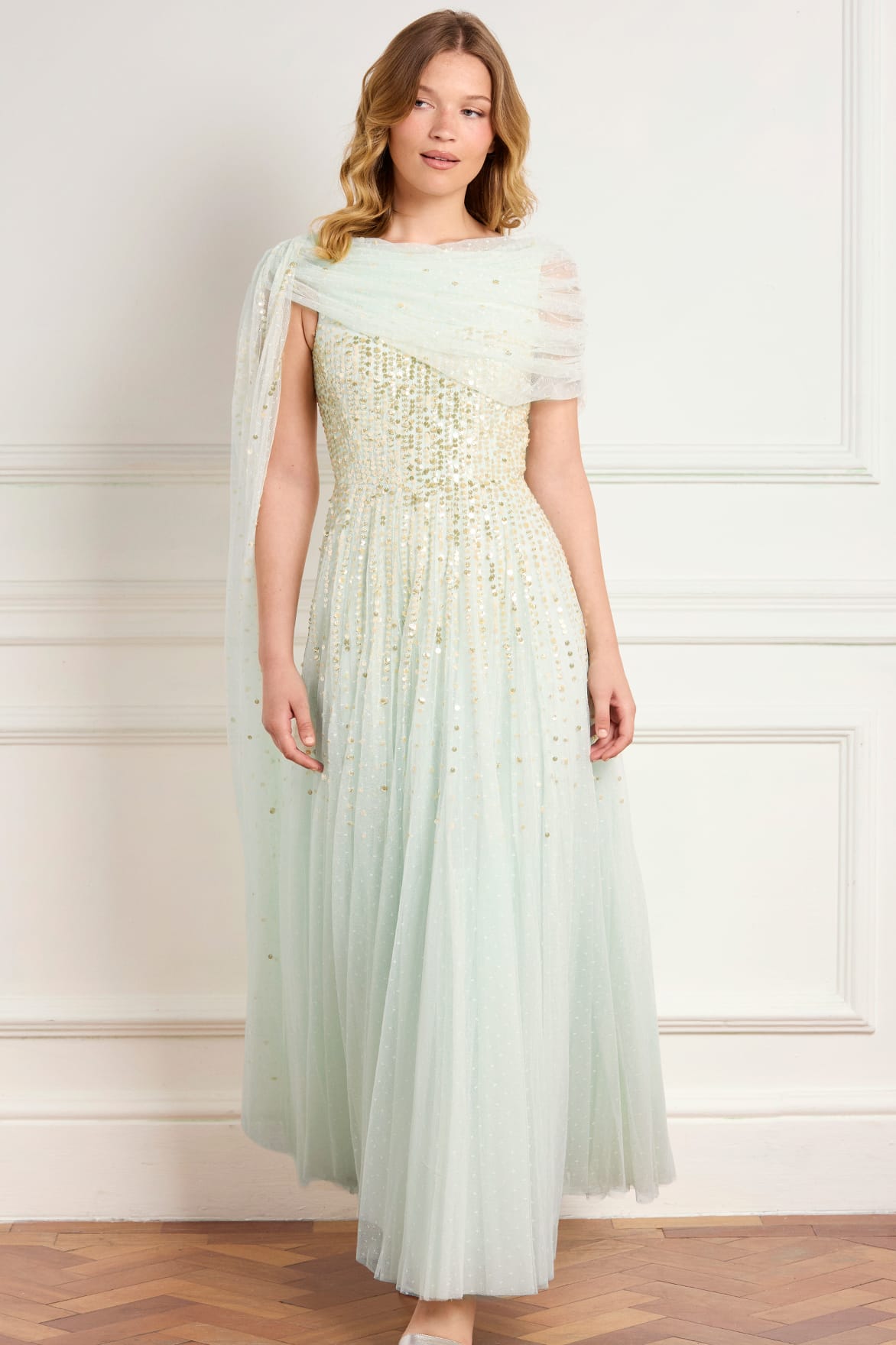 Needle & Thread Moonlight Sequin Draped Gown sukienka zielona cekinowa