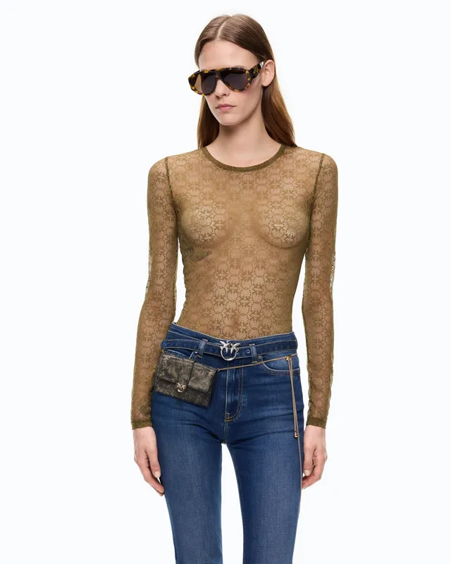 Pinko Rover sweter koronkowy zielony Love Birds
