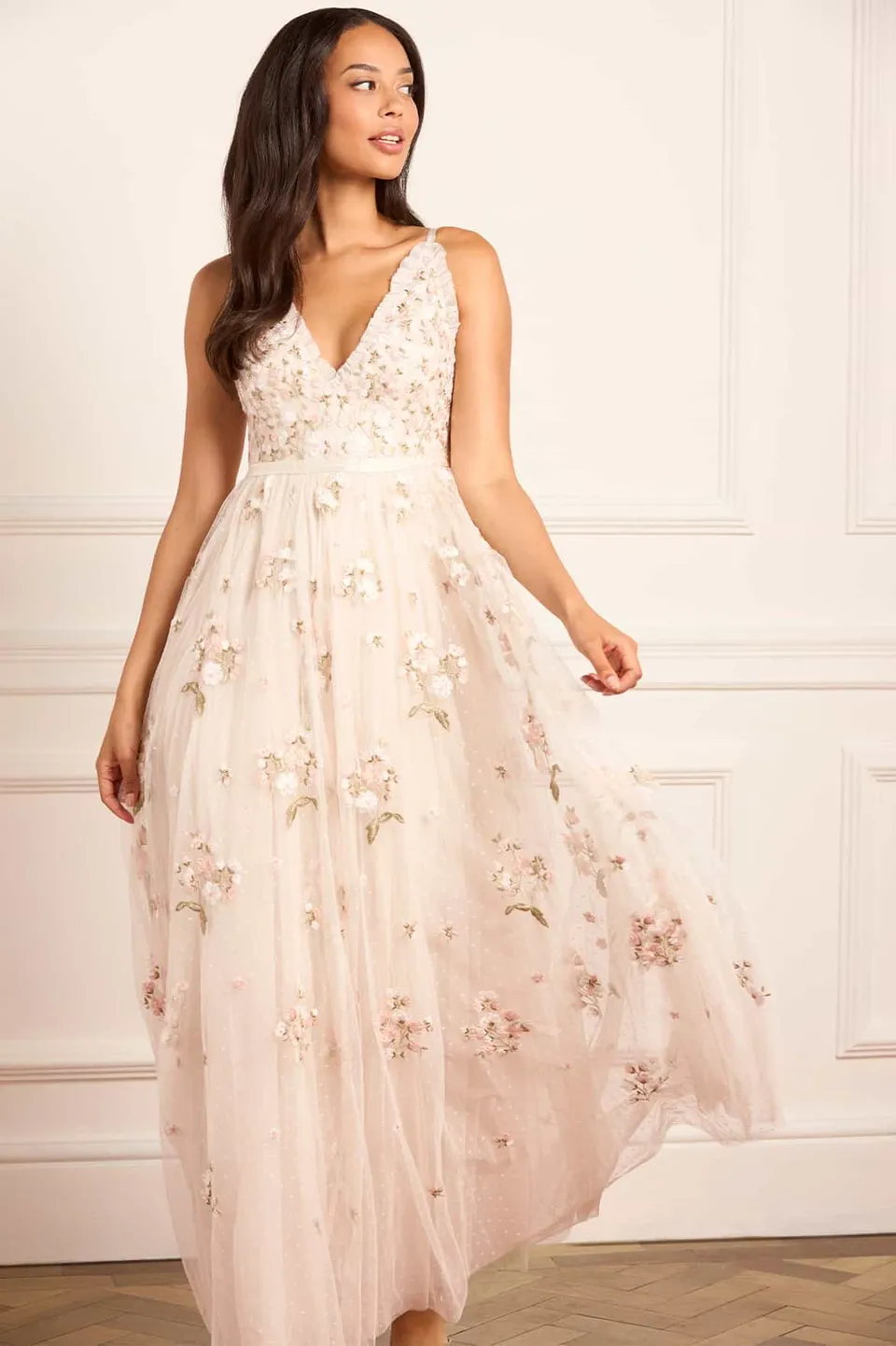 Needle & Thread Posy Cami Gown suknia kremowa haftowana