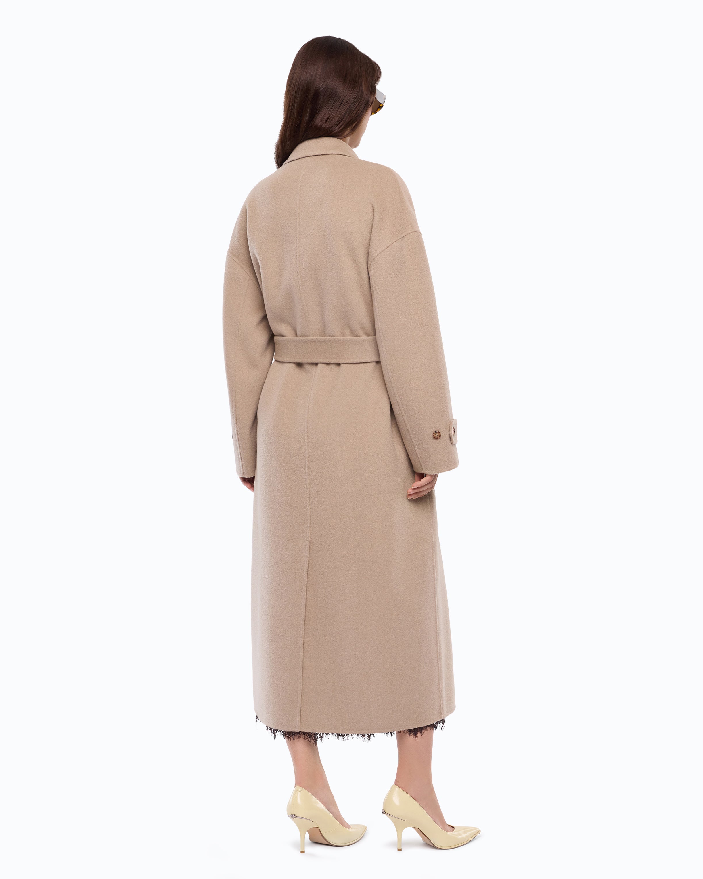 Pinko Casella płaszcz wełniany beżowy oversize z paskiem