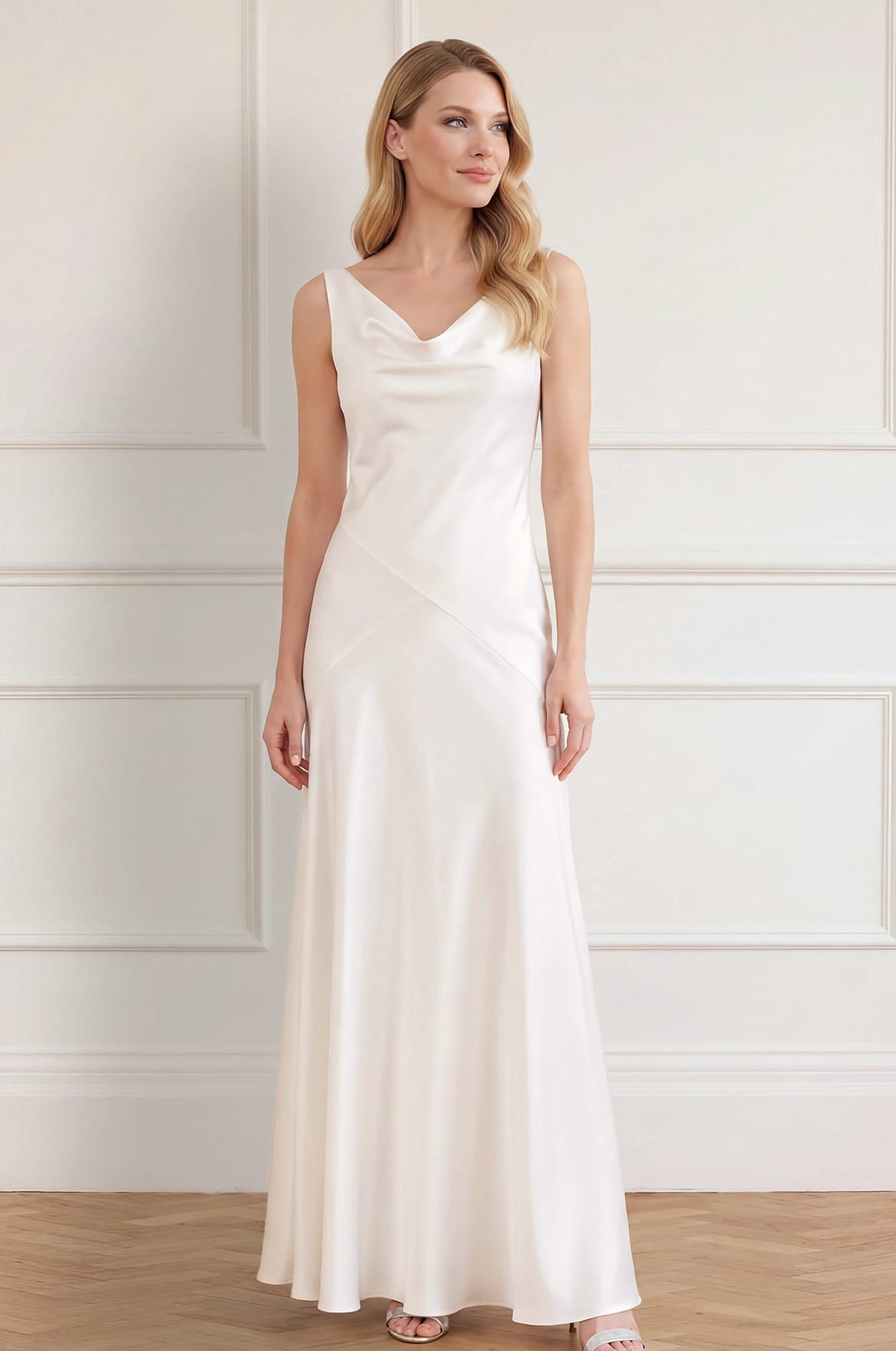 Needle & Thread Evangeline Satin Cowl Neck Gown suknia biele