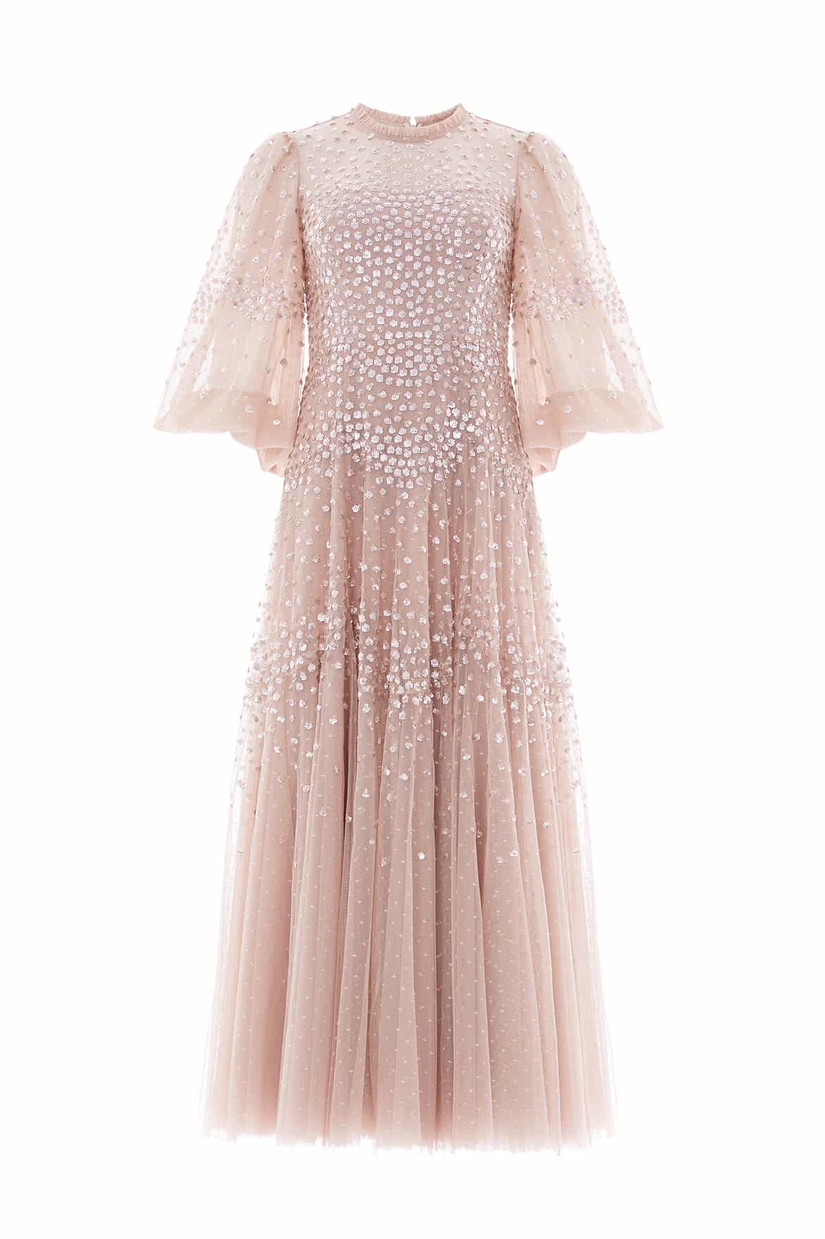 Needle & Thread Scallop Sequin Round Neck Ankle Gown sukienka beżowa