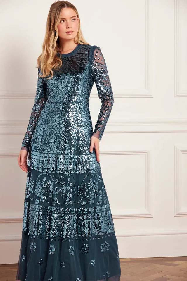 Needle & Thread Aurora Gown sukienka niebieska cekinowa