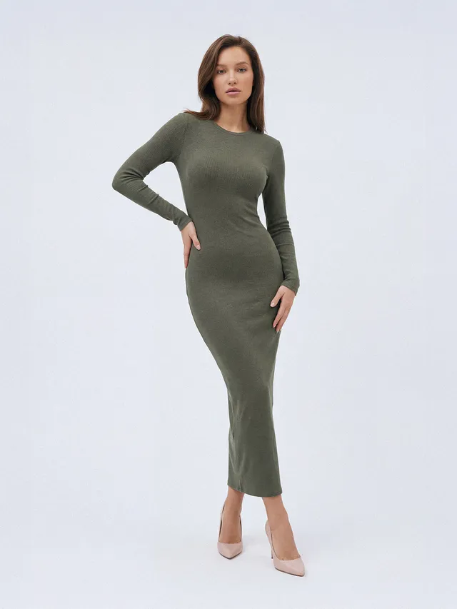 Nudyess Eos sukienka maxi khaki prążkowana