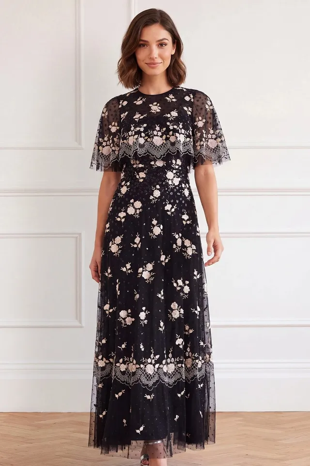 Needle & Thread Henrietta Scallop sukienka wieczorowa Black peleryna