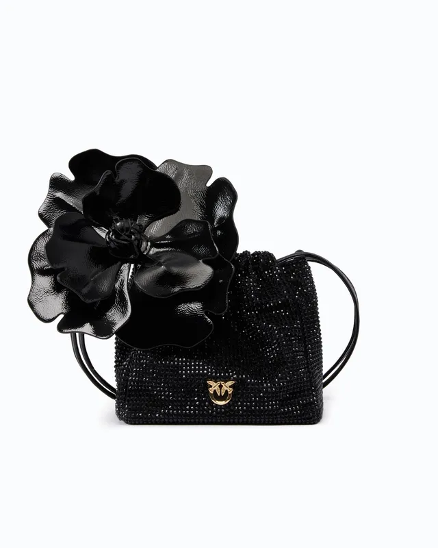 Pinko Pouch Flower torebka kubełkowa czarna kryształki