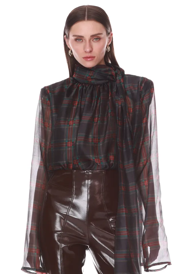 Bronx and Banco Plaid Organza bluzka w kratę z wiązaniem