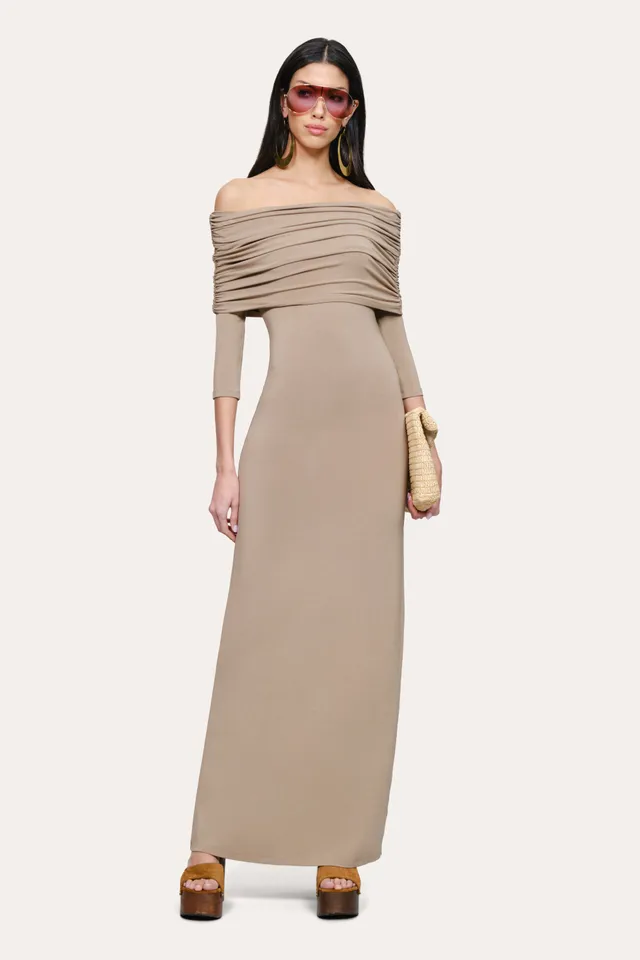 Elie Tahari Serena Off-Shoulder sukienka maxi Driftwood