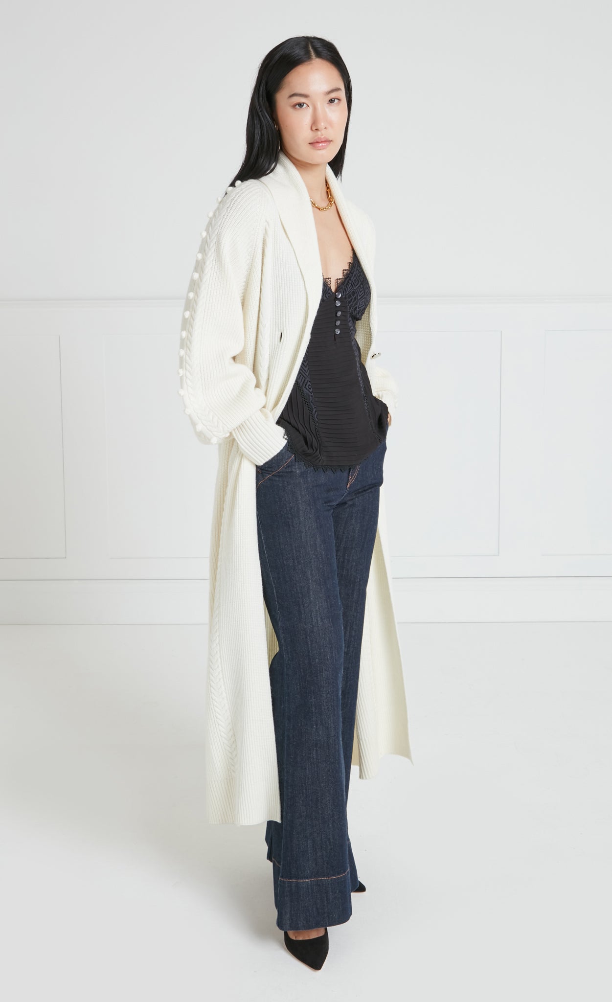 Temperley London Chrissie płaszcz dzianinowy kremowy wełna
