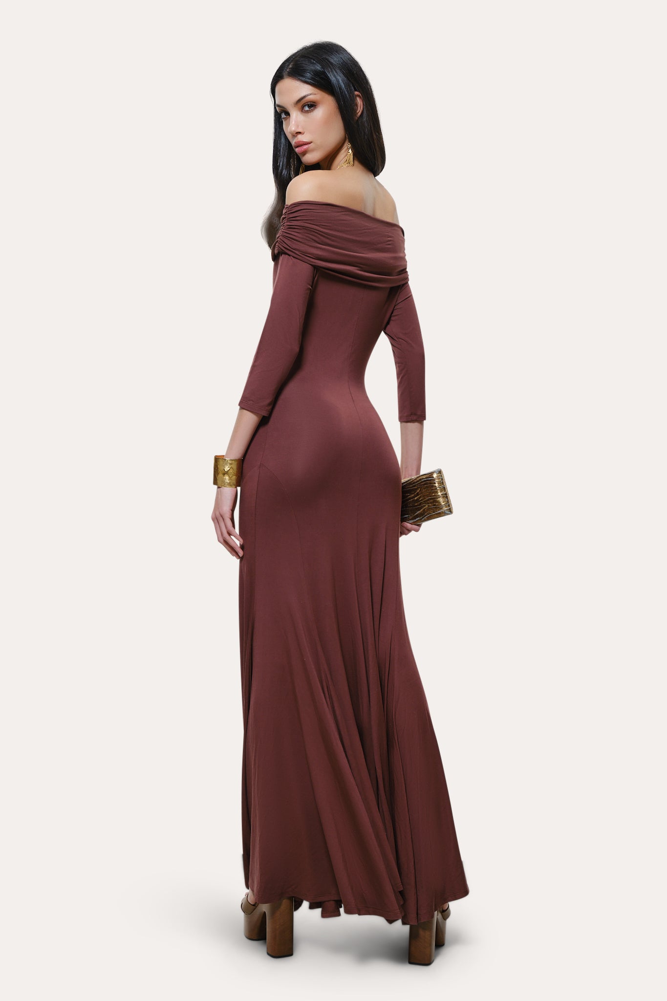 Elie Tahari Olympia sukienka maxi Port Wine odkryte ramiona