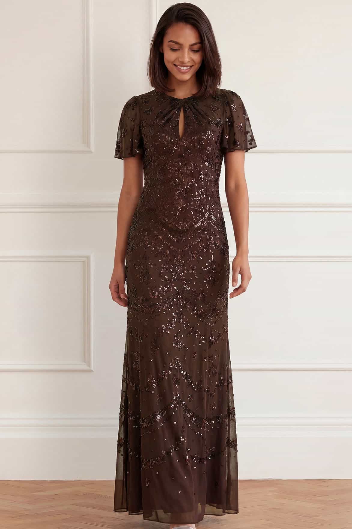 Needle & Thread Freya Georgette Short Sleeve Gown suknia brązowa