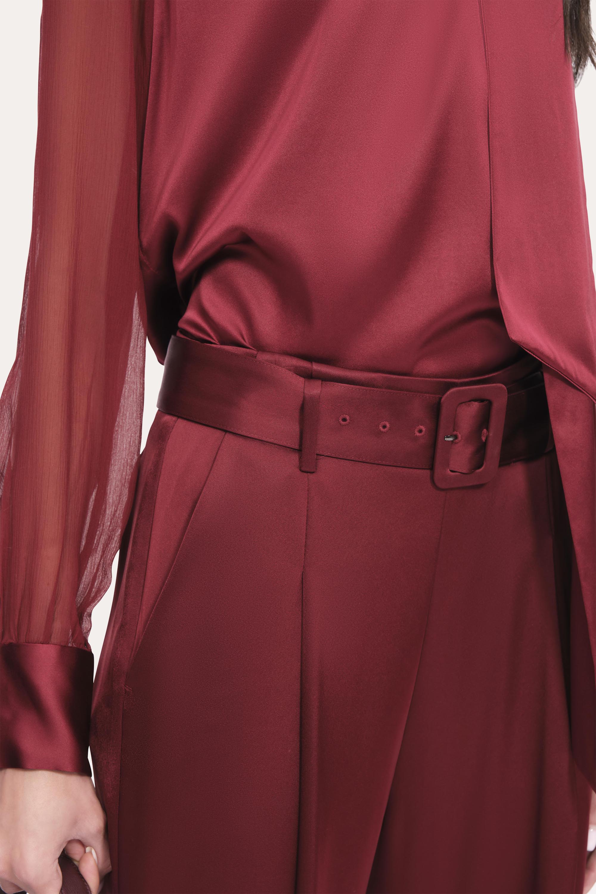 Elie Tahari Satin spodnie bordowe satynowe szerokie z paskiem