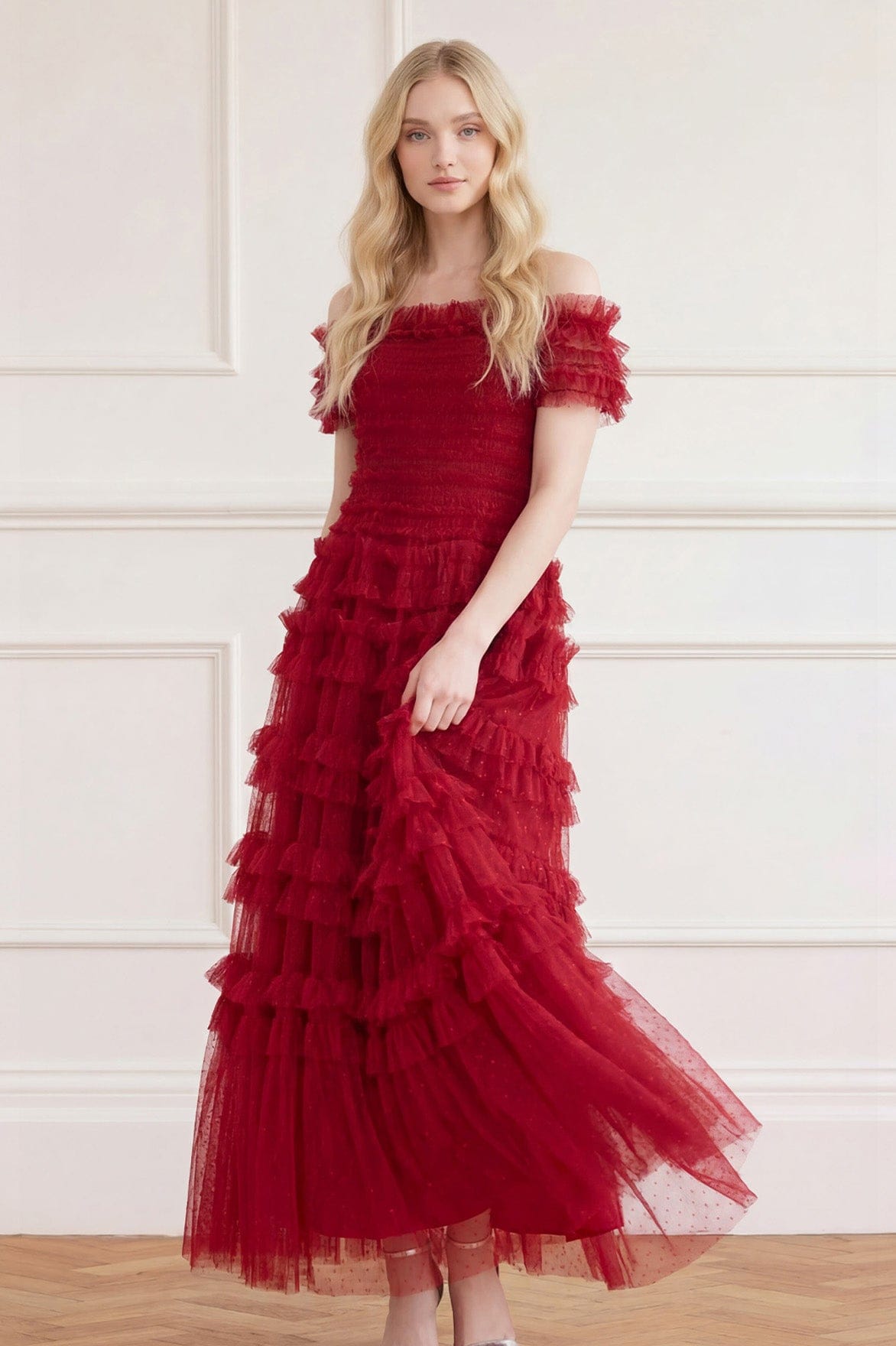 Needle & Thread Lisette Ruffle Off Shoulder sukienka bordowa