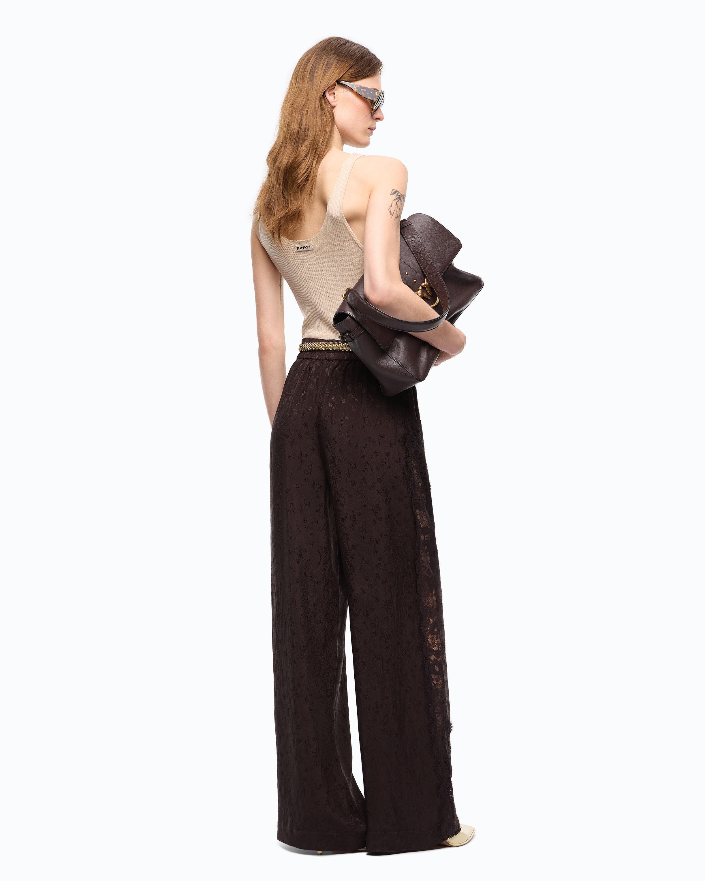 Pinko Philesia Pants spodnie palazzo brązowe koronka