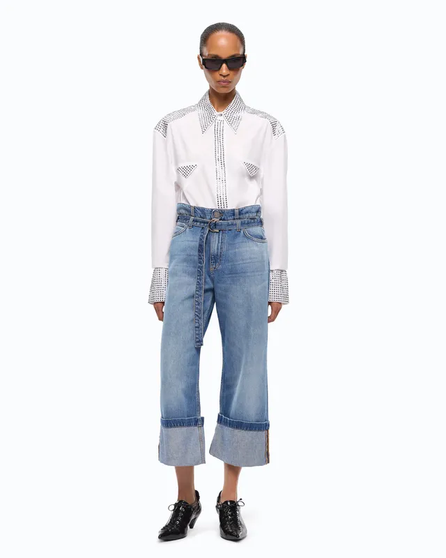 Pinko Cyntia jeansy cropped jasnoniebieskie z paskiem