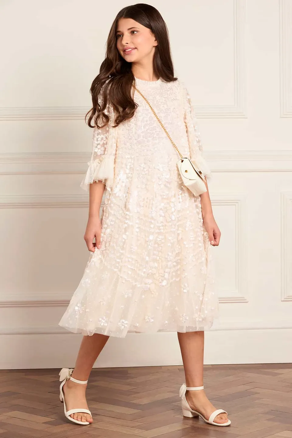 Needle & Thread Anais Sequin sukienka dziewczęca kremowa cekiny
