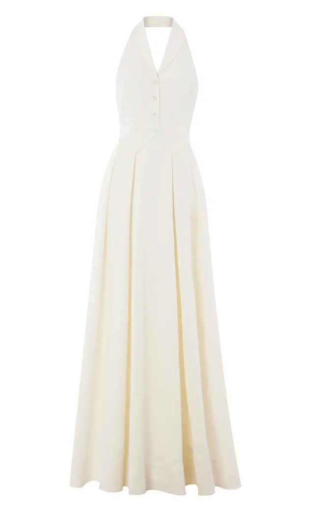 Temperley London Elodie suknia halter ecru maxi kieszenie