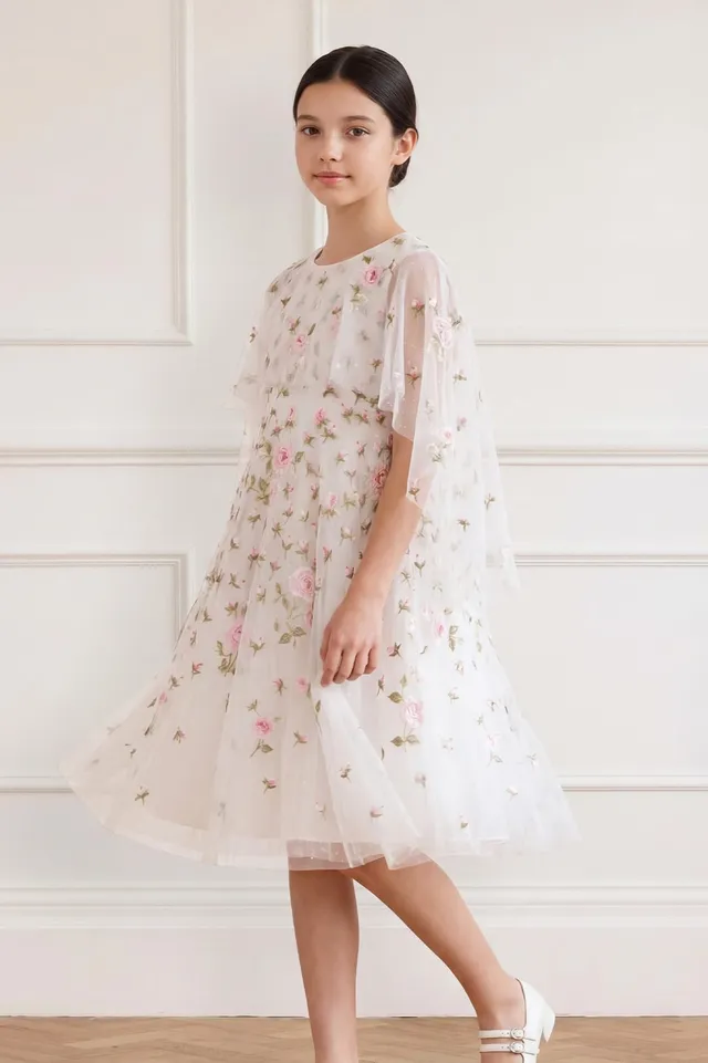 Needle & Thread Rose Bloom Cape Kids Dress sukienka biała peleryna