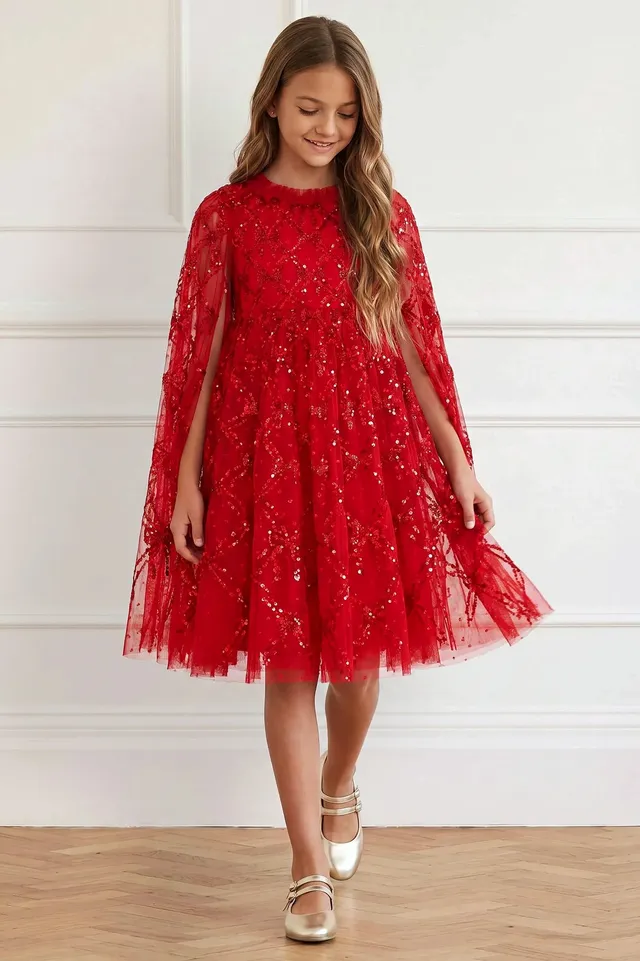 Needle & Thread Bow Lattice Cape Kids Dress sukienka czerwona