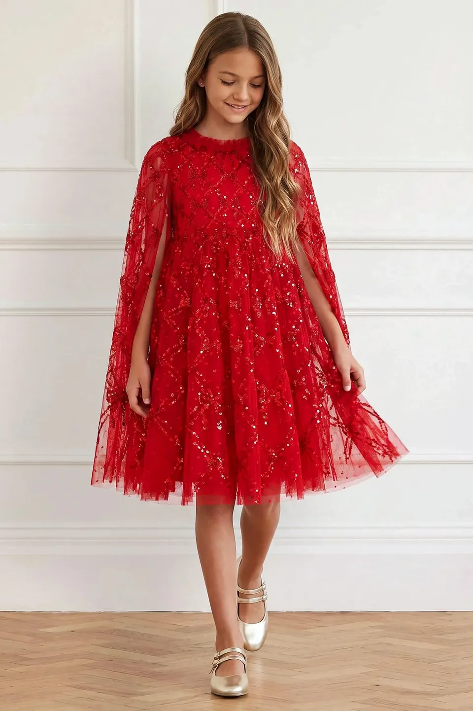 Needle & Thread Bow Lattice Cape Kids Dress sukienka czerwona