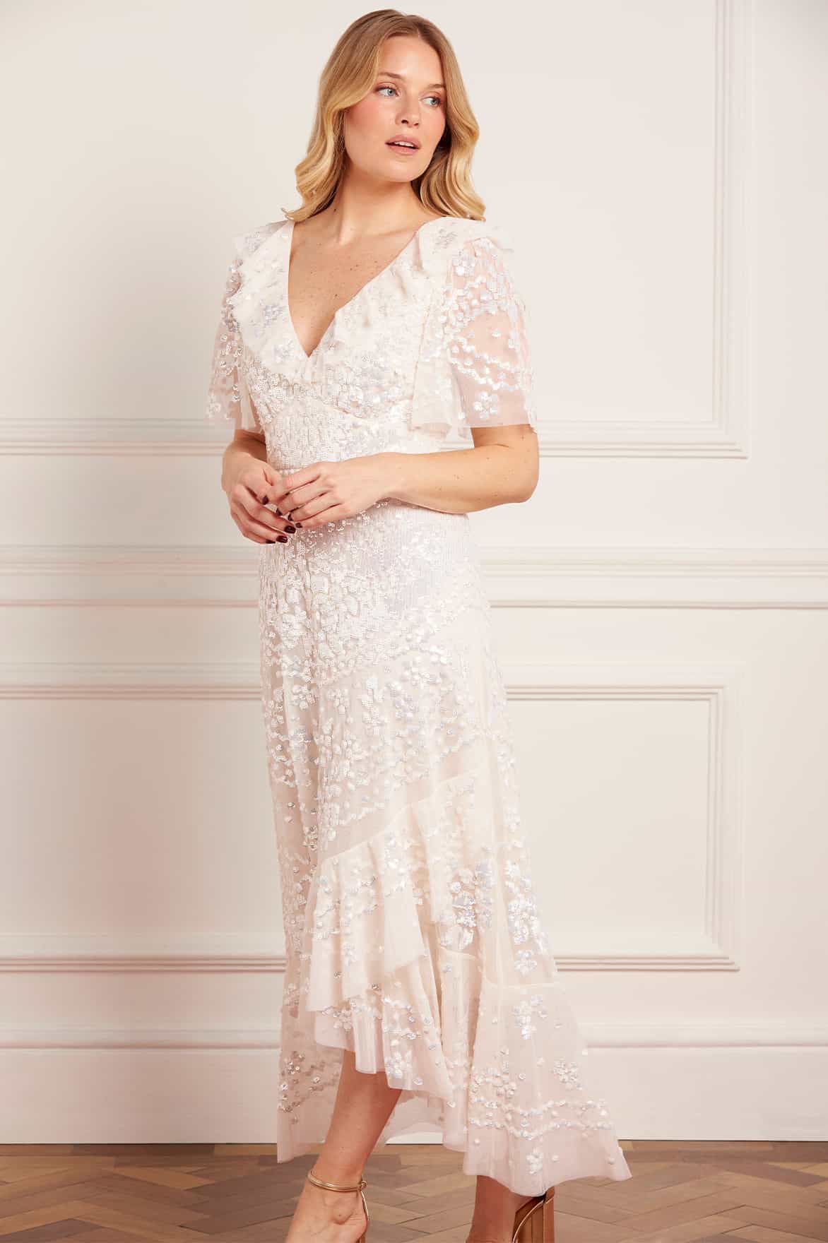 Needle & Thread Anais Sequin Frill Ankle Gown sukienka kremowa
