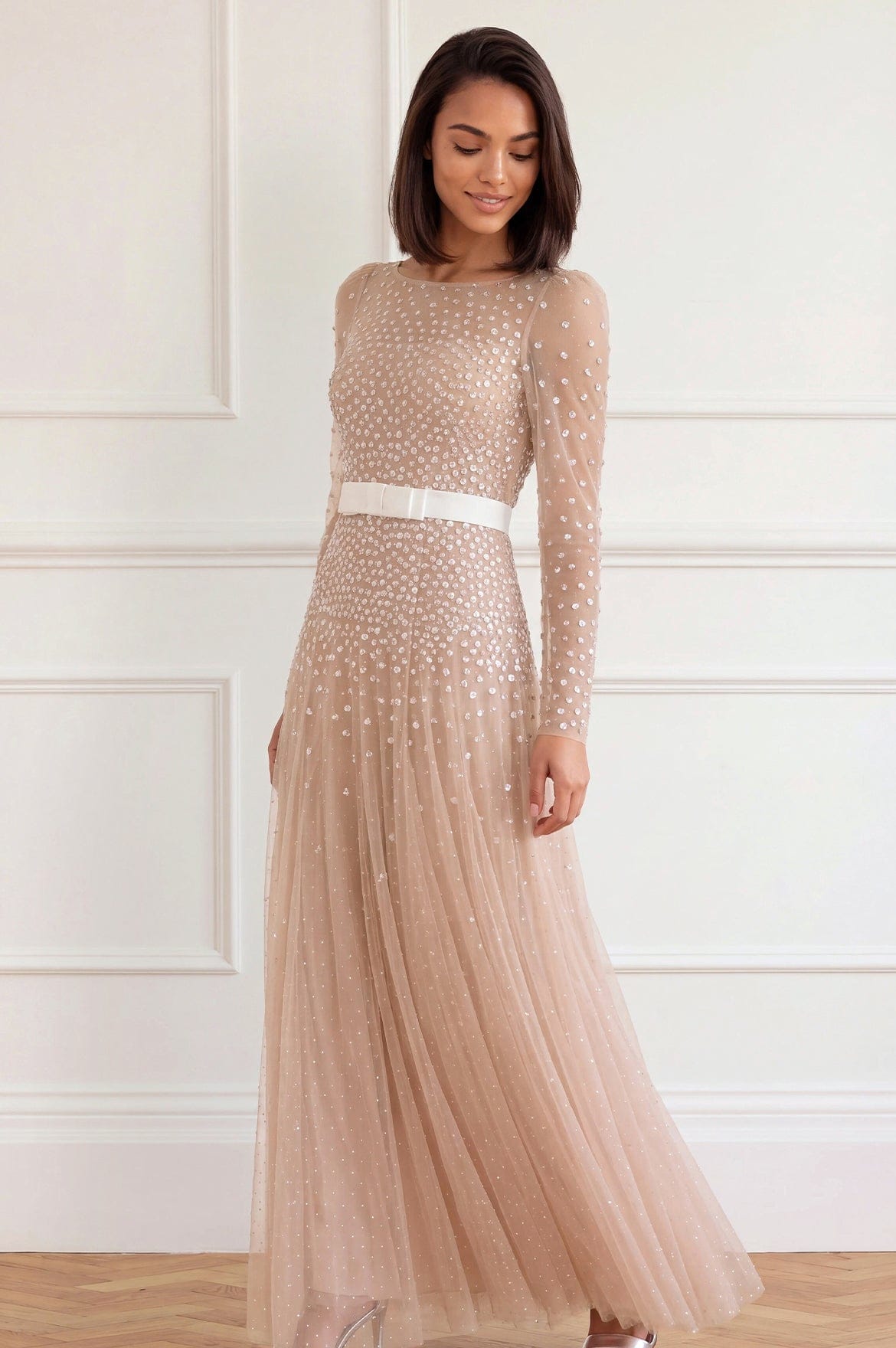 Needle & Thread Sequin Cascade Gown sukienka beżowa cekinowa