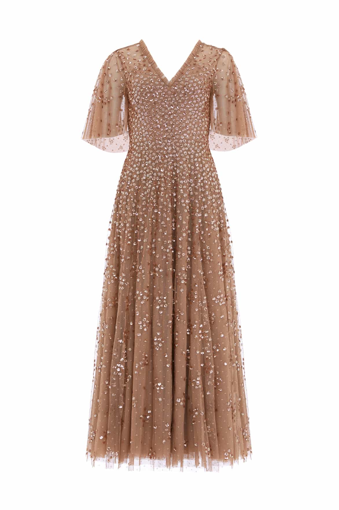 Needle & Thread Leila Dot V-Neck Cape Ankle Gown sukienka brązowa