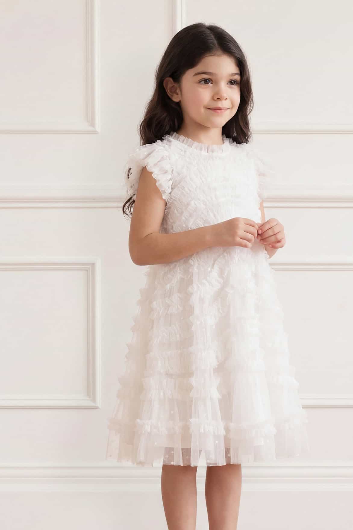 Needle & Thread Amara Ruffle Sleeve Kids Dress sukienka biała tiulowa