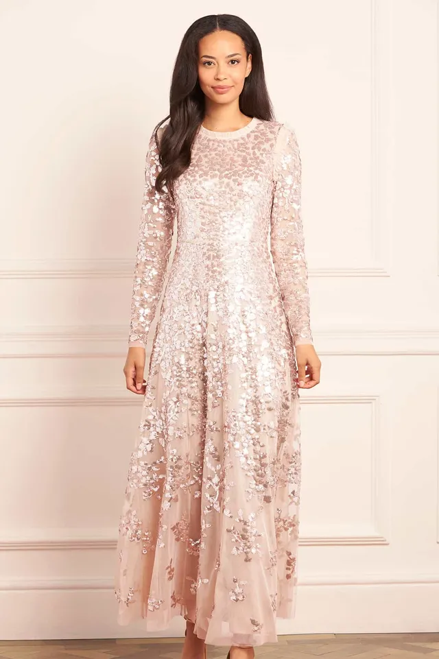 Needle & Thread Rosanna Lattice Round Neck Gown suknia kremowa cekinowa