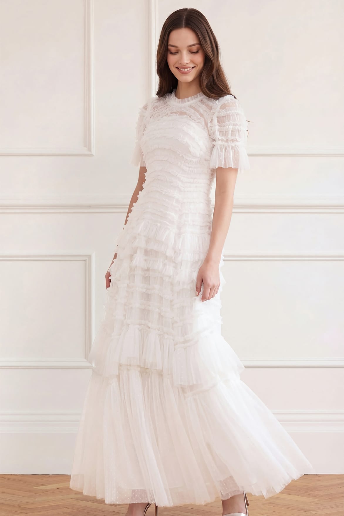 Needle & Thread Valentine Ruffle Gown sukienka biała maxi