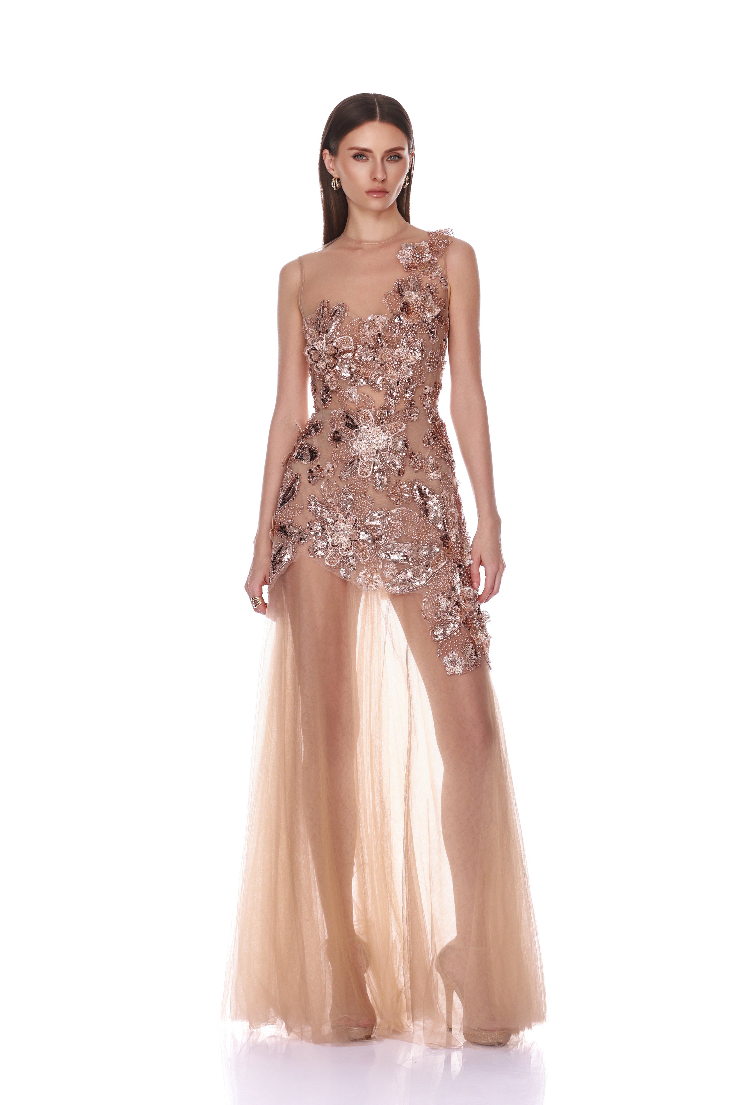 Bronx and Banco Layla Sequin Floral sukienka maxi nude