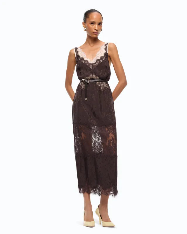 Pinko Aster Dress sukienka midi brązowa halkowa z koronką