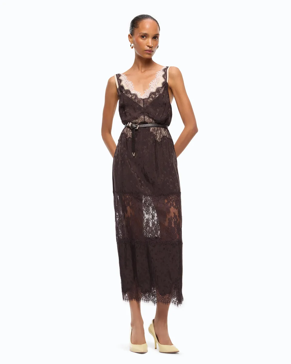 Pinko Aster Dress sukienka midi brązowa halkowa z koronką