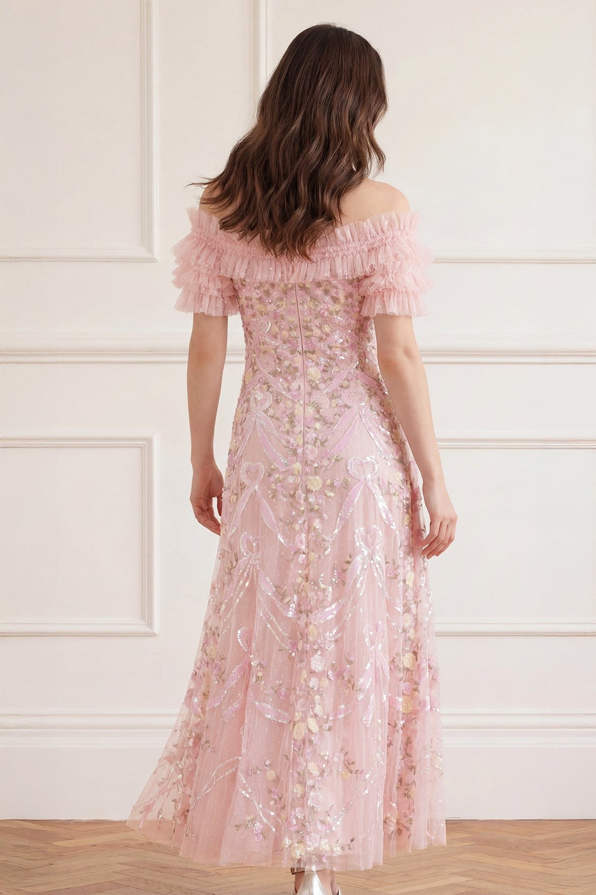 Needle & Thread Ribbon Heart Off-Shoulder Ankle Gown sukienka różowa