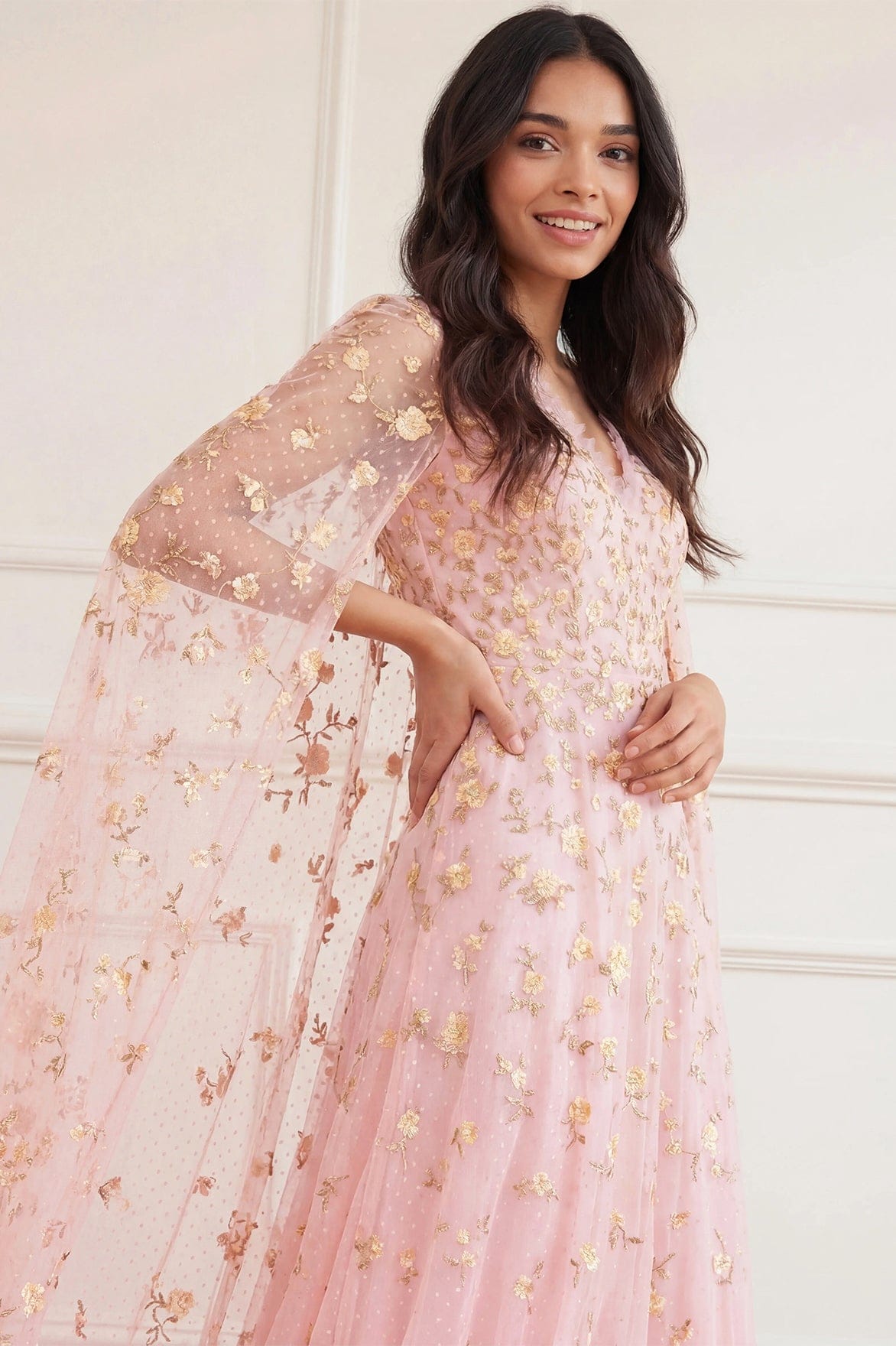 Needle & Thread Lea Ditsy Cape Sleeve Ankle Gown sukienka Pink