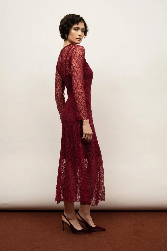 Nudyess Amy sukienka maxi Burgund koronkowa