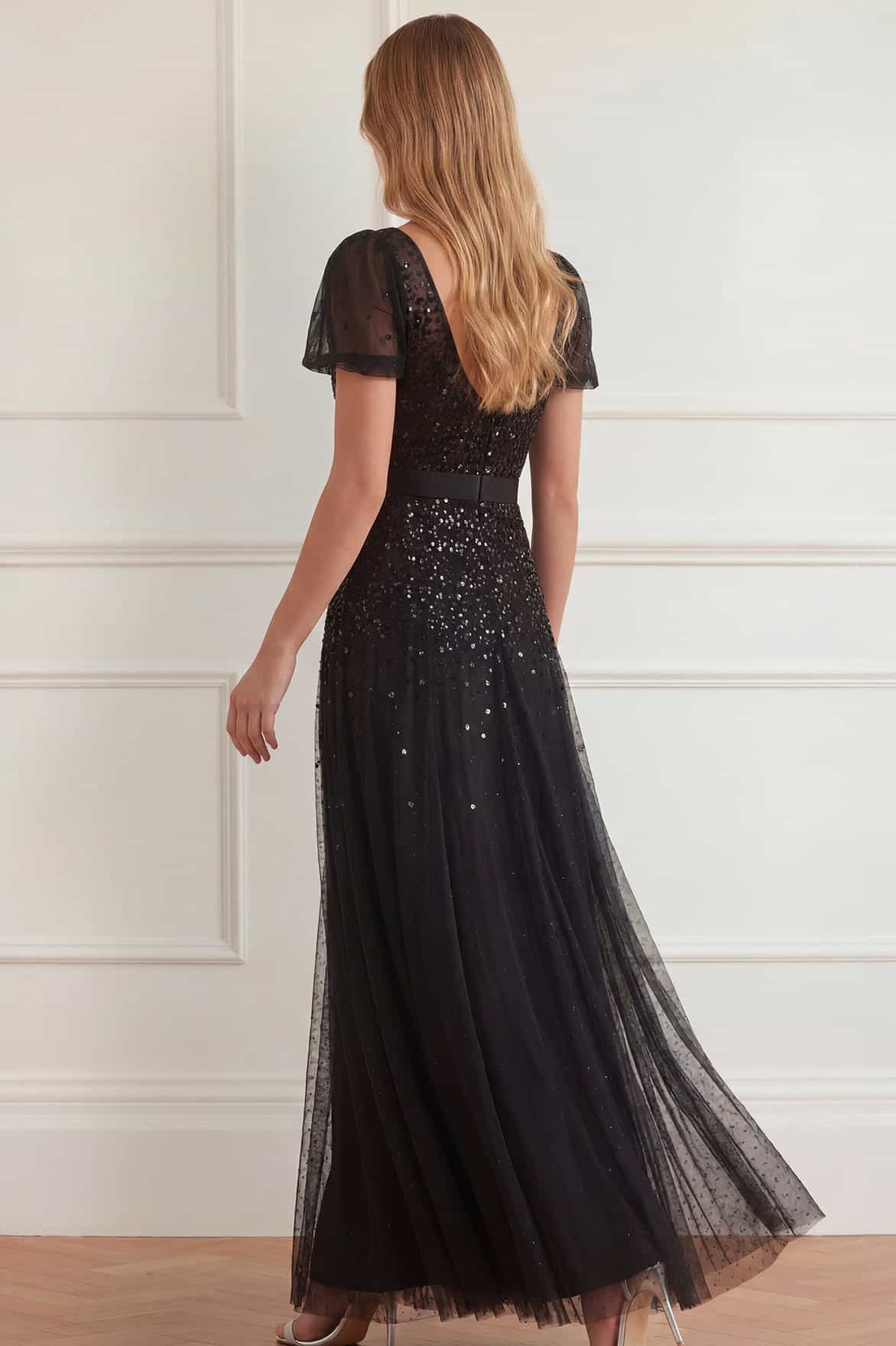 Needle & Thread Sequin Cascade Bow suknia czarna cekinowa