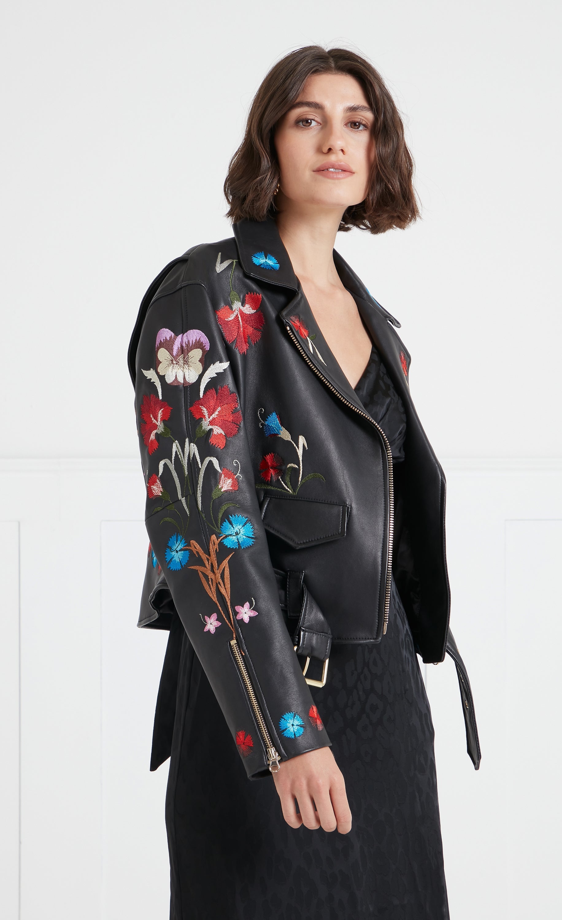 Temperley London Toledo kurtka Black skórzana haftowana
