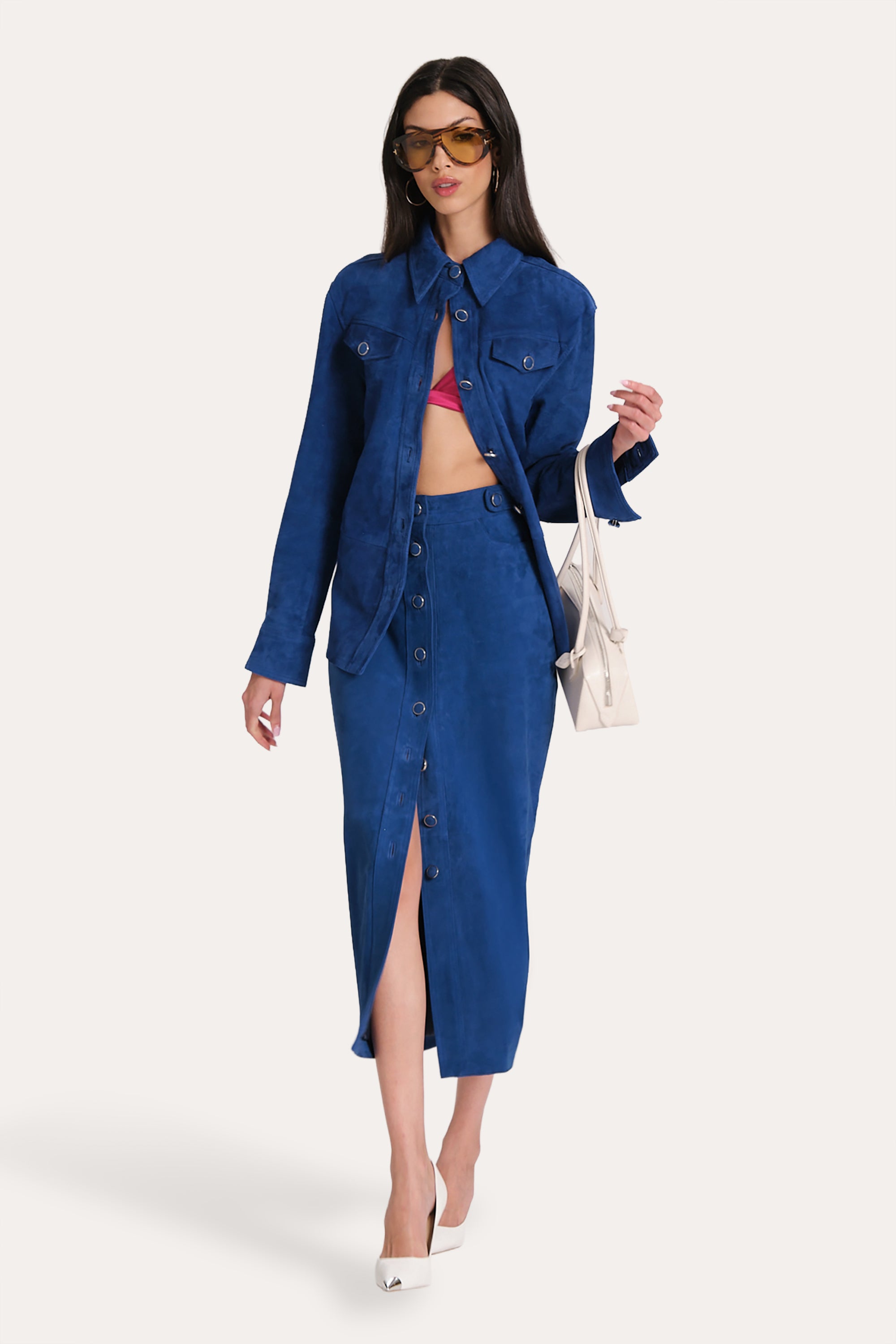 Elie Tahari Althea spódnica midi Azure zamszowa